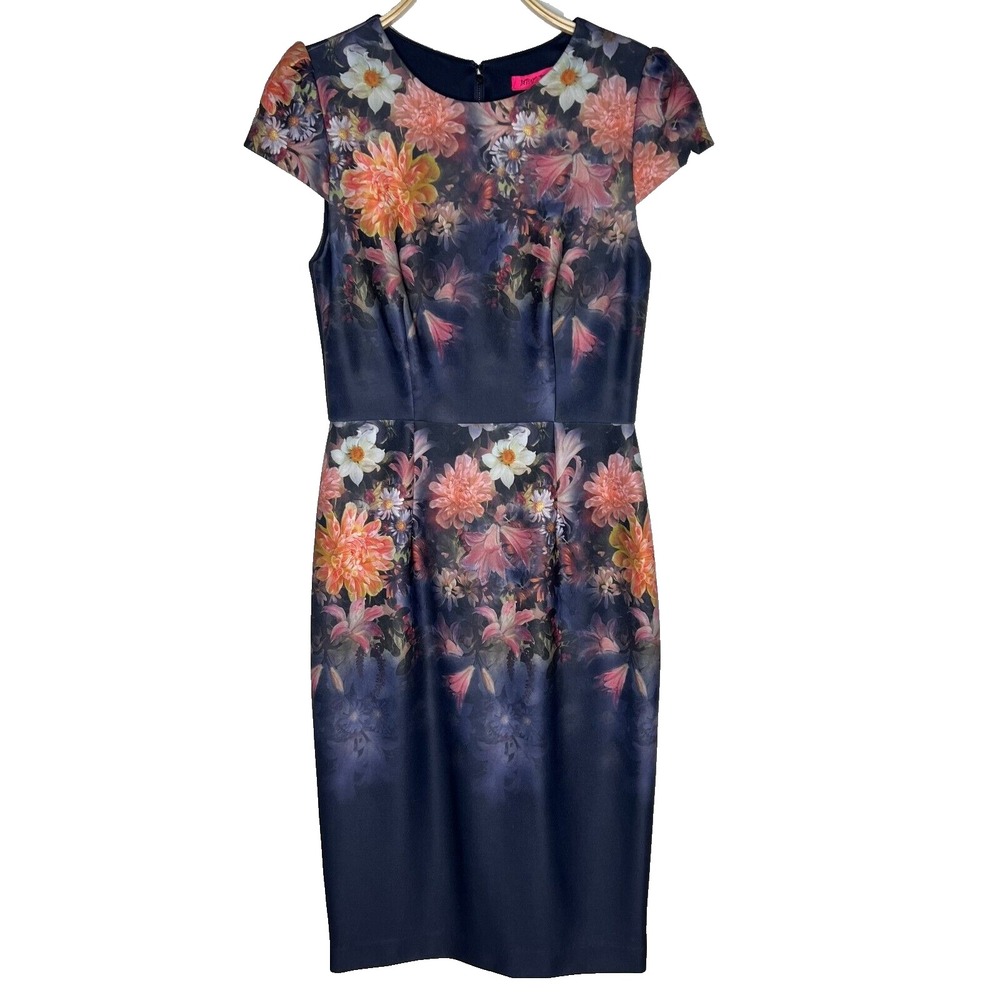 Betsey Johnson Sheath Dress Womens 6 Navy Floral Excellent Cap Sleeve 4L003